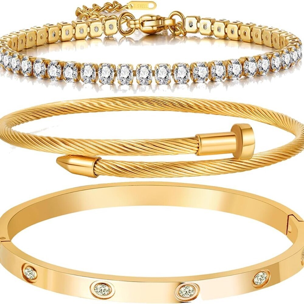 18 K Gold Plated Love Bangle Bracelet Set Flexible Wide Wristband Bangle Bangle